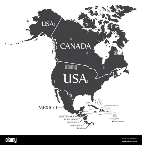 North America continent map with countries and labels black Stock ...