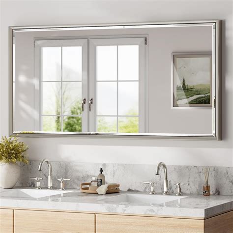 Amazon.com: QueenFun 48 x 24 Brushed Nickel Bathroom Mirror, Beveled ...