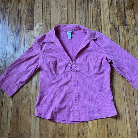 y2k pink, collared shirt with pinstripes Size large... - Depop