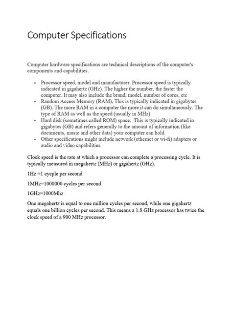 Image result for Computer Specifications Sample for Work