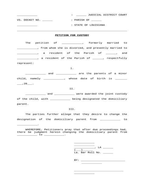 Louisiana Custody Petition and Consent Judgment - Blank Fillable ...