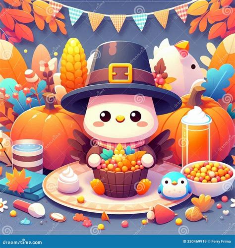 Happy Thanksgiving Cute Cartoon with Cute Background Stock Illustration ...