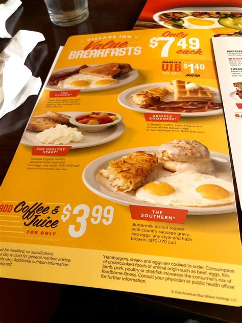 Menu at Village Inn restaurant, Titusville
