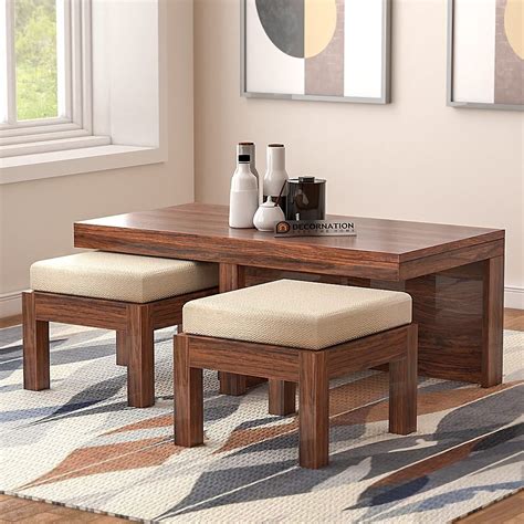 Wooden Coffee Table Set with Stools | DecorNation