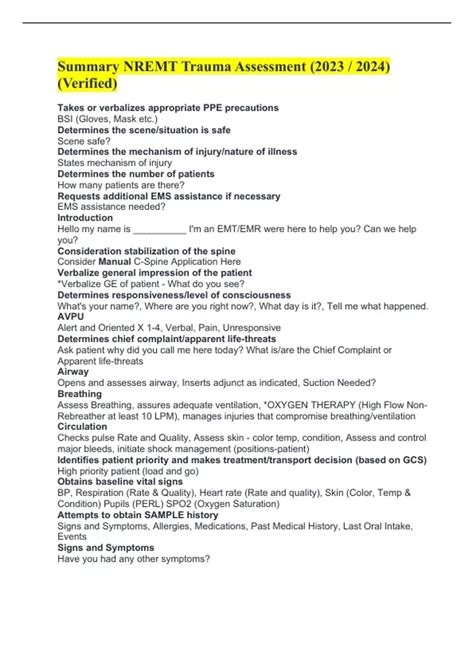 Summary NREMT Trauma Assessment (2023 / 2024) (Verified) - NREMT ...