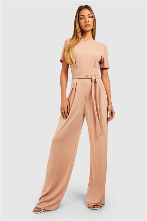 Crepe Pleat Front Belted Wide Leg Jumpsuit | boohoo UK