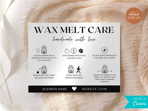 Editable wax melt care card template wax candle care instructions wax safety guide template wax ...