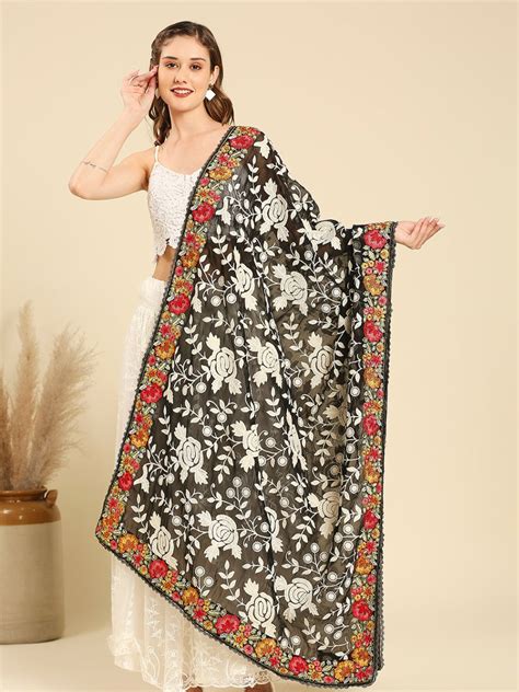 Black Heavily Floral Embroidered Georgette Dupatta – Dupatta Bazaar