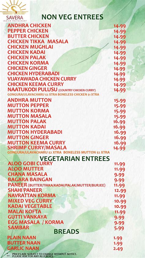 Menu at Savera Indian Kitchen restaurant, Irving