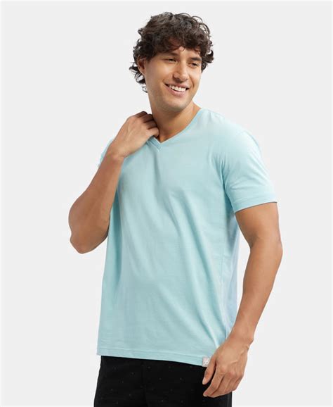 Buy Super Combed Cotton Rich Solid V Neck Half Sleeve T-Shirt - Sea ...