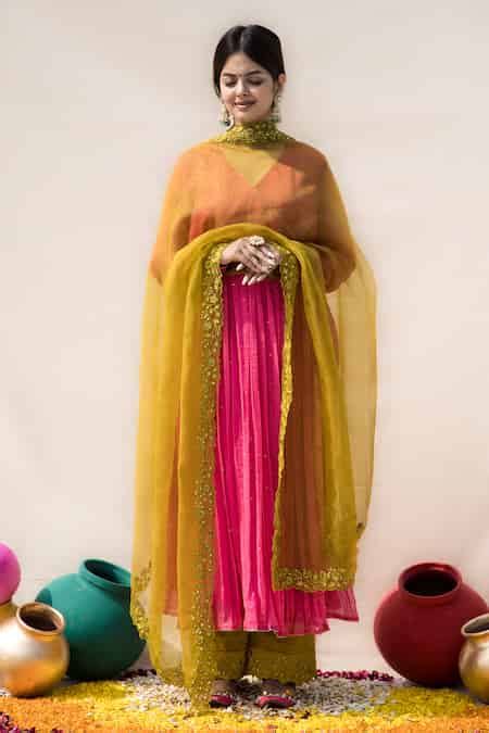 Buy Pink Chanderi, Cotton Embroidery V-neck Palash V Angrakha Anarkali ...
