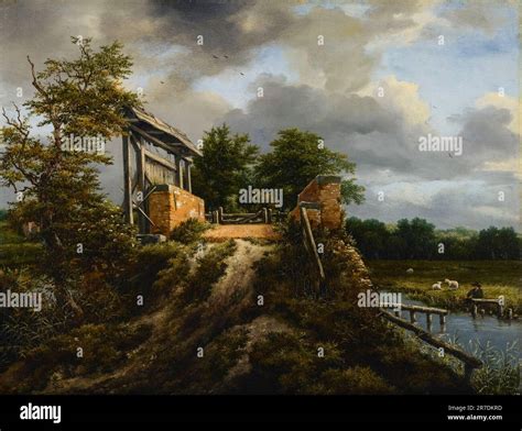 Jacob van Ruisdael, Bridge with a Sluice, landscape painting in oil on ...