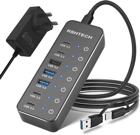 RSHTECH Powered USB Hub, 7-Port USB-C Hub Splitter with 3x 10Gbps USB 3 ...