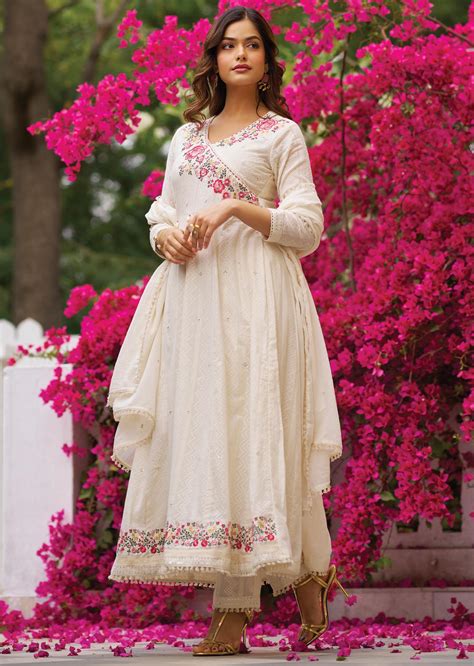Off White Linen Cotton Anarkali Suit