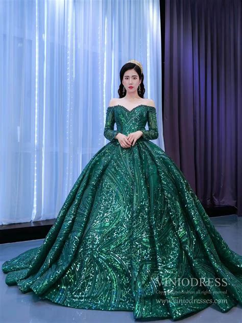 Emerald green sequin lace ball gown long sleeve wedding dress 67368 ...