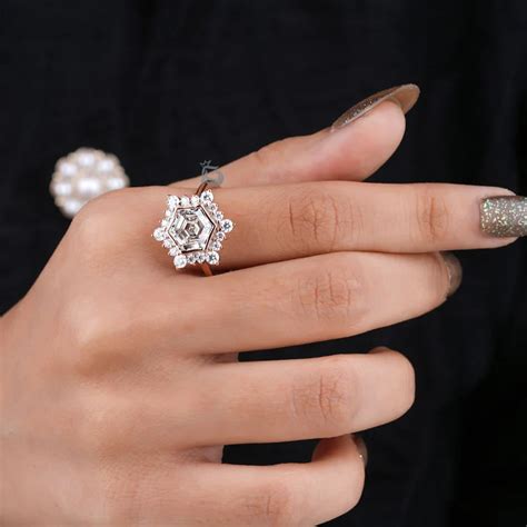 4CT Hexagon Step Cut Moissanite Engagement Ring, Cluster Halo Antique ...
