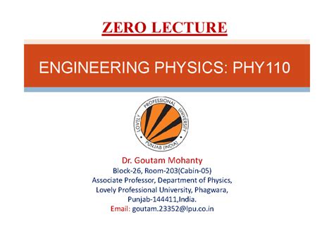 ZERO LECTURE ENGINEERING PHYSICS: PHY110 Overview and Objectives - Studocu