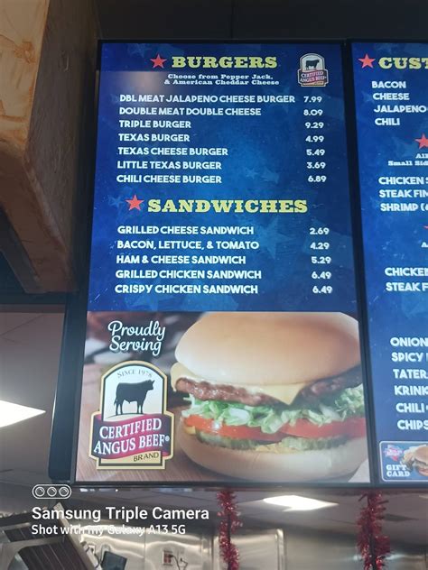 Menu at Texas Burger fast food, Odessa, Andrews Hwy