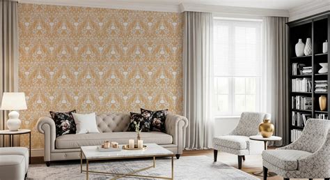 Folk Damask Wallpaper in Warm Golden Yellow Tones