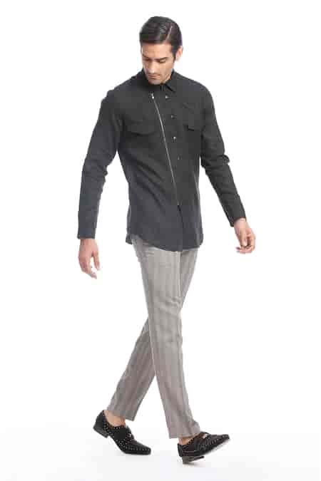 Buy Black Cotton Embroidery Zipper Emblem Shirt For Men by Rohit Gandhi ...