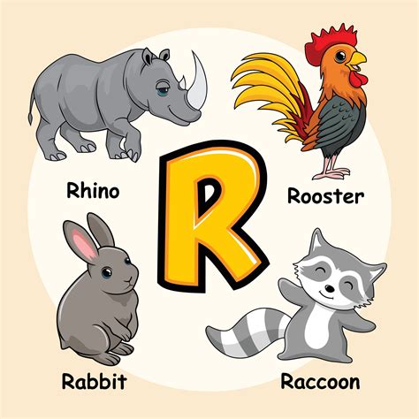 Animals Alphabet Letter R for Raccoon Rooster Rhinoceros Rabbit Rhino ...