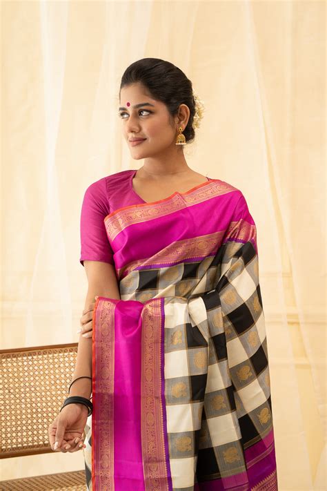 Black and White Veldhari Checks Pure Zari Kanchipuram Silk Saree – Clio ...