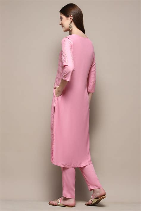 Light Pink Rayon Straight Kurta Pant 2 Piece Set at Biba India