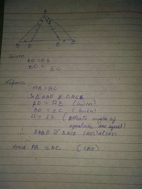 In the given figure AD=AE D and E are points on BC such that BD=EC ...