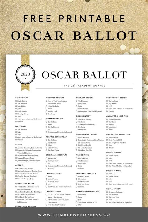 Oscar Printable Ballot 2025 - Printable Coloring Pages