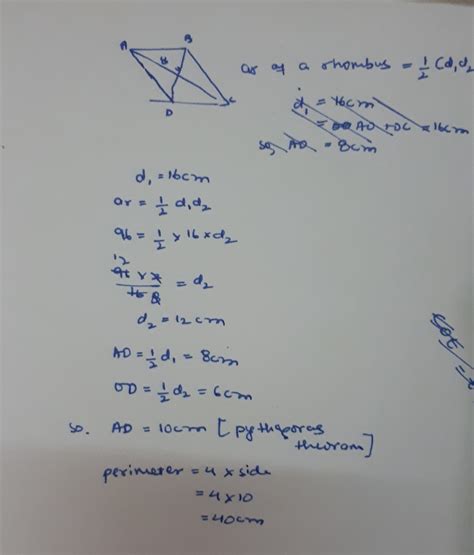 Area of rhombus is 96 if one of its diagonal is 16 cm then find the ...