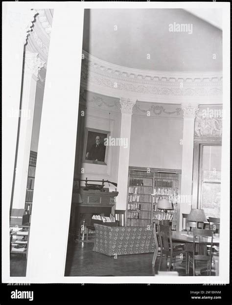 Wayland Library, round room, east fireplace, couch , Public libraries ...