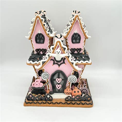 Pink Halloween Gingerbread Haunted House Light Up LED w Ghost Cauldron ...
