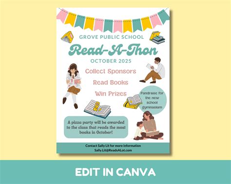 Editable Read-a-thon Fundraiser Flyer Template for Canva, Read-a-thon ...