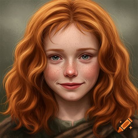 A close-up portrait of a young girl with red hair and freckles smiling ...