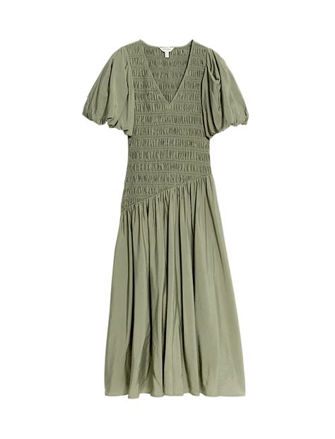 Buy Textured V-Neck Puff Sleeve Midaxi Shirred Dress at Marks & Spencer