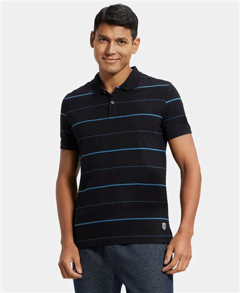Buy Super Combed Cotton Rich Striped Half Sleeve Polo T-Shirt - Black ...