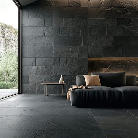 Modern Living Room with Sleek Slate Walls and Flooring for a Bold ...