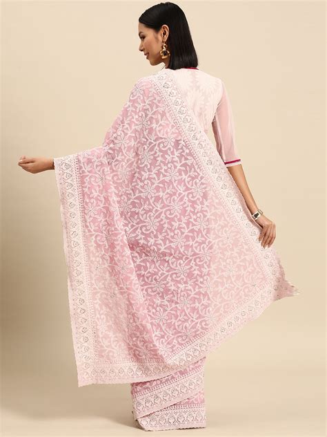 Summer Pink Thread Chicken Embroidered Georgette Party Wear Saree ...
