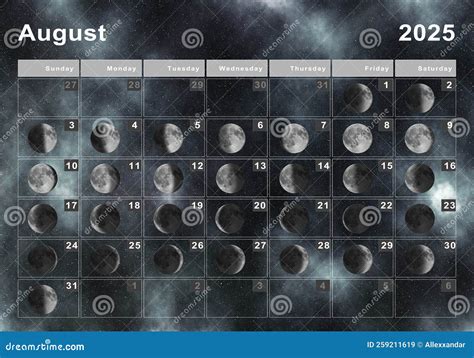 August 2025 Lunar Calendar, Moon Cycles Stock Illustration - Illustration of astronomy, layout ...