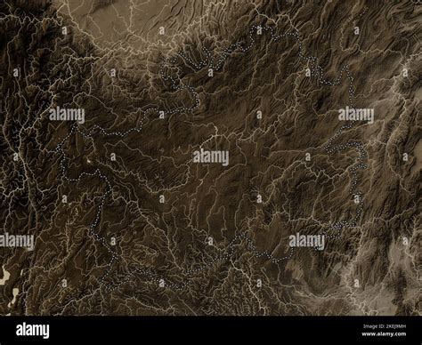 Guizhou, province of China. Elevation map colored in sepia tones with lakes and rivers Stock ...