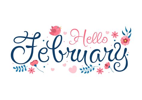 Hello February Month with Flowers, Hearts, Leaves and Cute Lettering ...