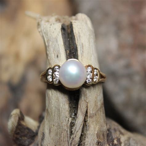 1950's Vintage 14k Solid Gold Pearl & Diamond Ring 3.6 Grams Size 6 ...