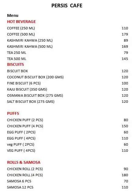 Menu of Persis Cafe, Madhapur, Hyderabad