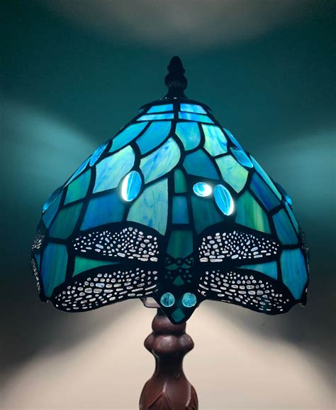 Tiffany Lamp Sea Blue Stained Glass and Crystal Bead Dragonfly Style ...