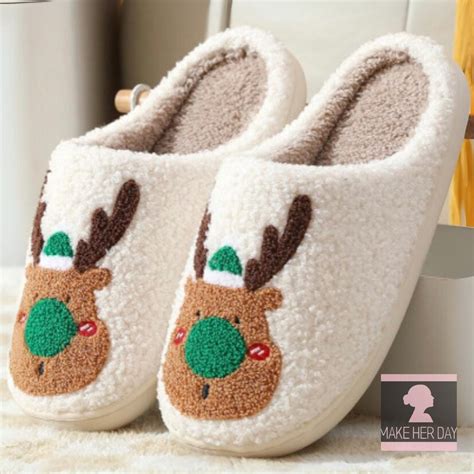 Cute Christmas Slippers, Fuzzy Christmas Slippers, Reindeer Slippers ...