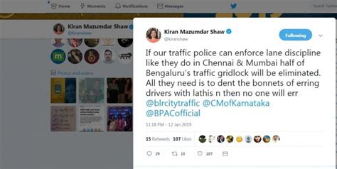 Biocon Chief Kiran Shaw wants Bengaluru Traffic police to 'dent the ...