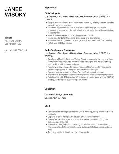 Medical Device Sales Representative Resume Samples | Velvet Jobs