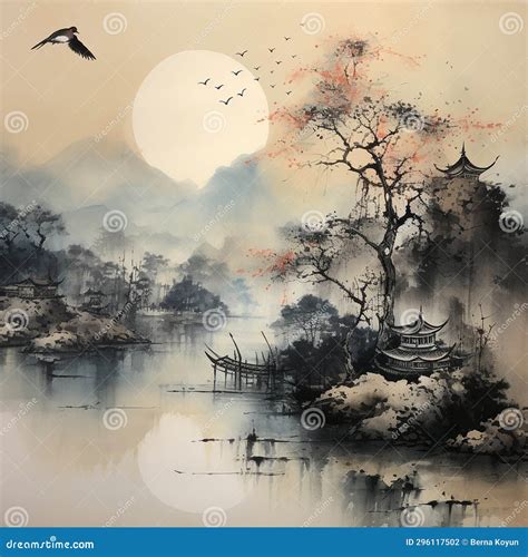 Traditional Japanese Sumi-e Ink Wash Painting Stock Illustration ...