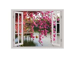 K2A Design Beautiful Pink Flower Window Illusion Wall Sticker (PVC ...