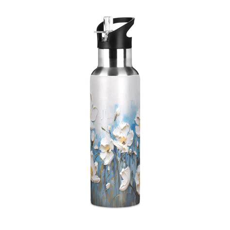 Water Bottle with Straw Lid Leak White Daisy Flowers Stainless Steel Insulated Thermos Vacuum ...